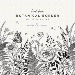 Floral Border PNG Clipart, Botanical Line Drawing Frame, Wildflower Art, Doodle Floral Clipart, Hand-Drawn Vintage Sketch, Repeating Pattern