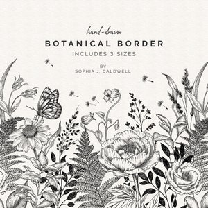 Blumenrand PNG Clipart, Botanische Linie Zeichnungsrahmen, Wildblumen Kunst, Doodle Blumen Clipart, handgezeichnete Vintage Skizze, sich wiederholendes Muster
