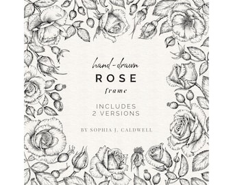 Flower Square Border Clipart Commercial, Line Drawing Black White Clipart, Floral Digital Frames Clip Art, Hand Drawn Floral Rose PNG
