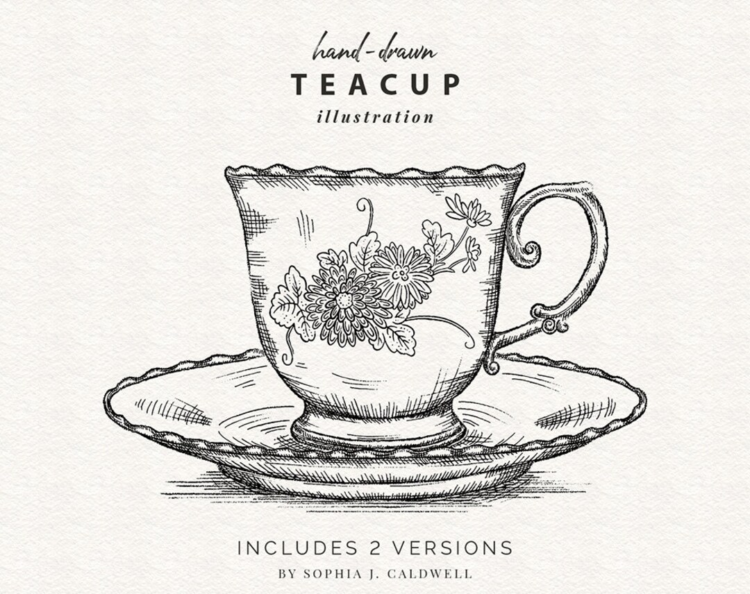 Vintage Teacup and Saucer PNG, Digital Stamp Instant Download, Hand