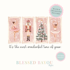 May include: A digital art print featuring four rectangular panels with a pink background and a vintage aesthetic. The panels depict a ballerina, a nutcracker, a Christmas tree, and another ballerina. The text "It's the most wonderful time of year" is also included.