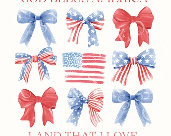 God Bless America Land That I Love Coquette Bow Trendy Christian PNG, Fourth of July DTF Printable, Sublimation Patriotic Flag Download File