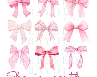 Fiocco rosa Coquette PNG - Versetto cristiano Lei è degna Proverbi 31 Download digitale