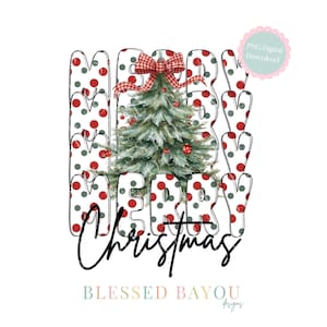May include: A digital design with the words "MERRY CHRISTMAS" in a whimsical font. The letters are white with red and green polka dots. A Christmas tree with a red bow and ornaments is in the center. The words "PNG Digital Download" are in a pink circle.