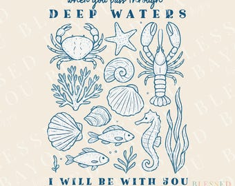 Ocean Animals Bible Verse PNG, Deep Waters Isaiah 43:2 (Digital Download)
