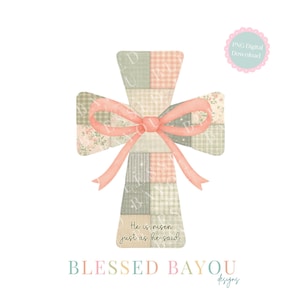 Cruz em patchwork falso PNG: Desenho de adoração "Ele ressuscitou" para a Páscoa (Download digital)