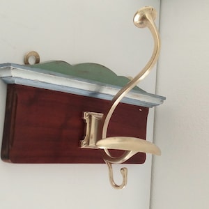vintage wall coat rack, wooden and brass coat rack, shabby blue recovery, bistro furniture, marine style, antique coat rack
