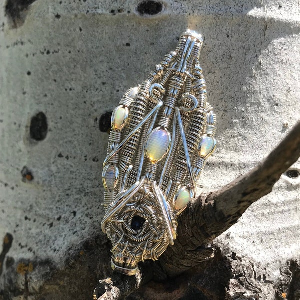 Deep Blue Rose• Wire Wrap Pendant with Opals