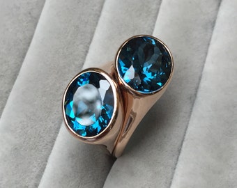 Double rose gold ring, london blue topaz 10/12 mm