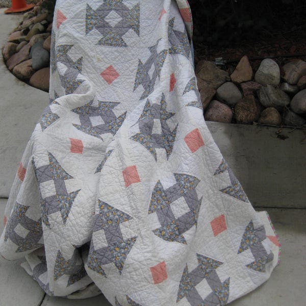 Vintage Shoo Fly Hand Quilted Quilt, Shoo Fly Quilt Hand Pieced & Hand Quilted Star Shashing, Shoo Fly vintage quilt