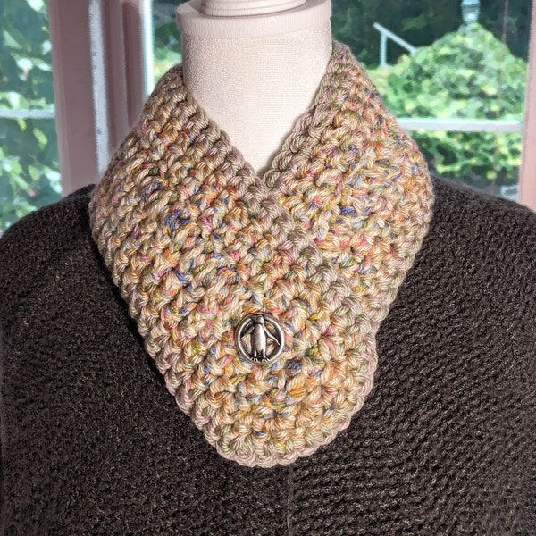 Hand Crochet Neck Warmer, Pastel Tweed Scarf, Ivory Tweed Scarf, Nicky Epstein Button, Handmade Scarf, Hand Knit Scarf, Yellow Tweed (0011)