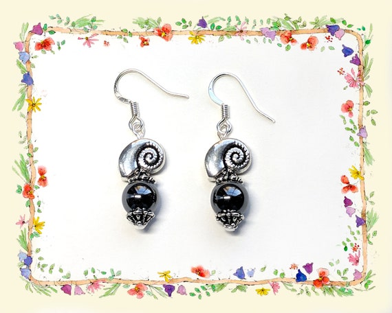 Silver Nautilus Shell Earrings With Hematite Beads Handmade Etsy