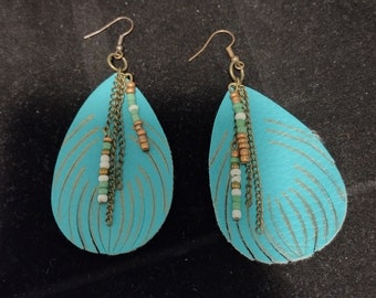 Blue  feather earrings with beads