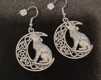 Howling wolf and moon earrings