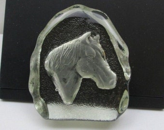Art Glass Embossed Clear Glass Horse Head Bust 4" Paperweight