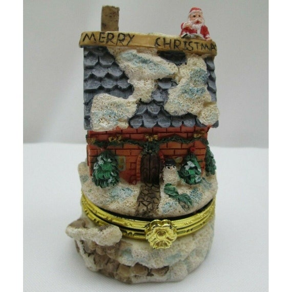 Merry Christmas House Santa Claus Trinket Box Gol… - image 1