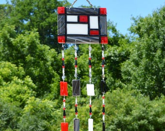 Fused Glass Wind Chimes Red Black White | Wall Hanging Sun Catcher | Mondrian Glass Wind Chimes | Unique Housewarming and Birthday Gifts