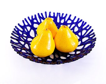 Beach Decor Glass Art Coral Bowl Turquoise Navy Blue Sea Etsy