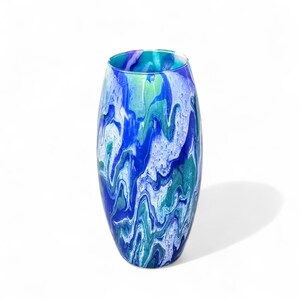 Teal Blue Green White Glass Vase | 10 Inch Tall Fluid Art Flower Vase | Abstract Contemporary Home Décor | Acrylic Pour Gift Ideas