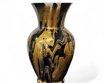 Black and Gold Fluid Art Glass Vase | Hand-Painted Centerpiece 11 Inches Tall