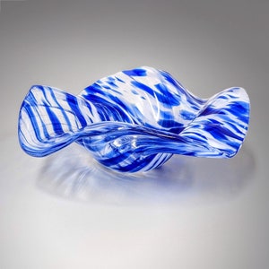 Glass Art Wave Bowl in Royal Blue on Clear | Decorative Coffee Table Décor | Unique Modern Home Décor Gift Ideas