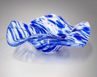 Glass Art Wave Bowl in Royal Blue on Clear | Decorative Coffee Table Décor | Unique Modern Home Décor Gift Ideas