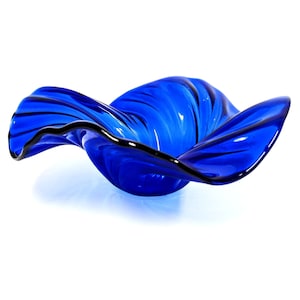 Glass Art Wave Bowl in Bright Electric Blue | Modern Art Glass Decorative Bowl | Glass Sculptures Handmade in Ohio | Unique Gift Ideas