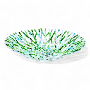 Glass Art Coral Bowl | Sea Glass Art Beach Kitchen Décor | Coastal Chic Fruit Bowl in Lime Green Azure Blue and White | Gift Ideas