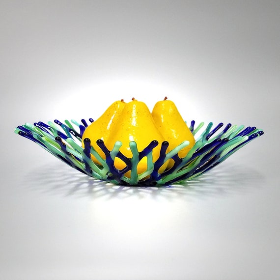 Lacy Glass Art Fruit Bowl in Cobalt Blue Mint Grass Green