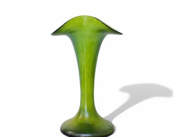Loetz Blown Glass Iridescent Green Ruffle Edge Vase Antique Circa Early 1900's