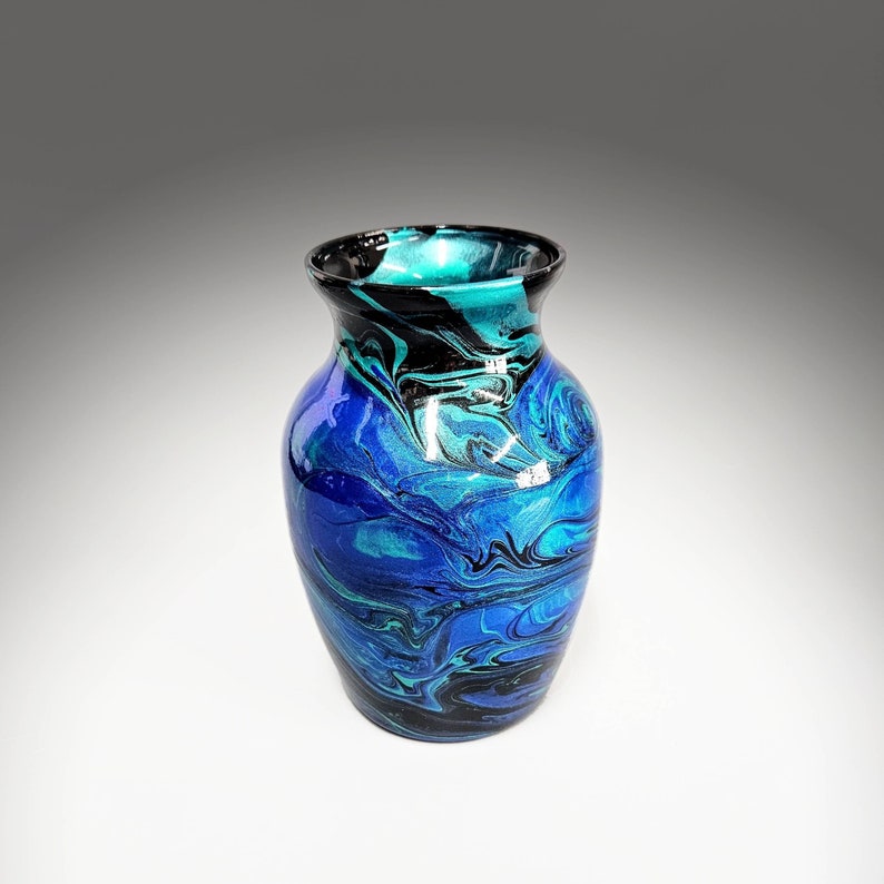 Glass Art Painted Vase in Teal Aqua Turquoise Blue Fluid Art Flower Vase Contemporary Home Décor Unique Acrylic Pour Gift Ideas image 9