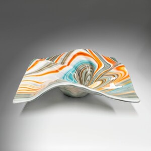 Glass Art Wave Bowl in Aqua Turquoise Orange | Modern Square Decorative Centerpiece Bowls | Unique Home Décor Gift Ideas