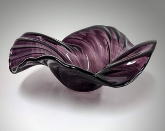 Glass Art Wave Bowl in Purple Watercolors | Modern Art Glass Decorative Bowls | Glass Sculptures Handmade in Ohio | Unique Gift Ideas