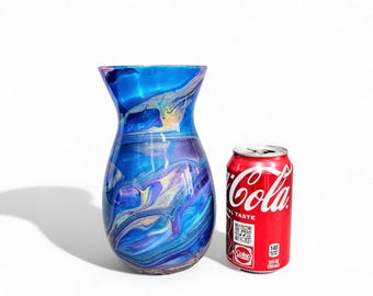 Fluid Art Glass Vase Hand Painted in Aqua, Purple & Gold