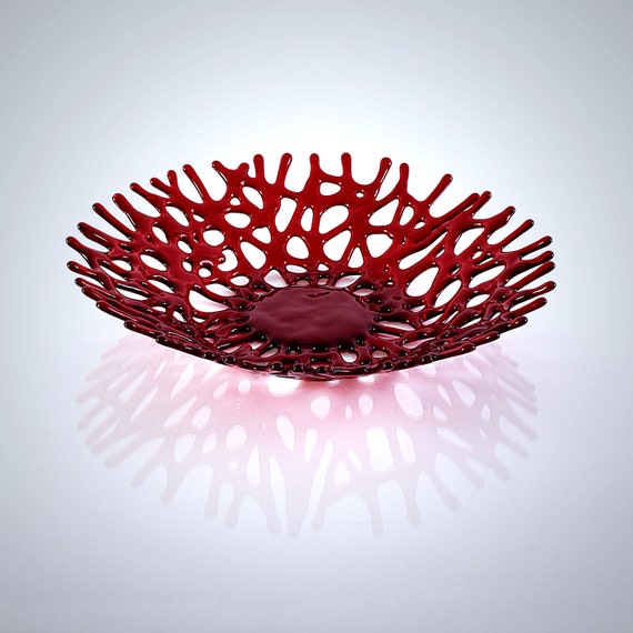 Ruby Red Glass Art Coral Bowl Glass Fruit Bowl Centerpiece Etsy