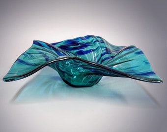 Glass Art Wave Bowl in Aqua Teal Navy Blue | Modern Decorative Centerpiece Bowls | Handmade in Ohio | Unique Home Décor Gift Ideas