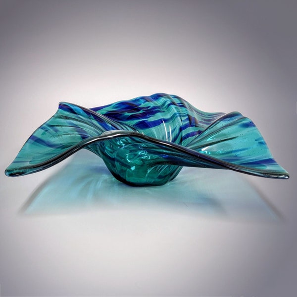 Glass Art Wave Bowl in Aqua Teal Navy Blue | Modern Decorative Centerpiece Bowls | Handmade in Ohio | Unique Home Décor Gift Ideas