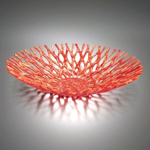 Fiery Sunset Coral Bowl | Beach Themed Table Decor Shelf Art in Red Orange | Modern Fused Glass Art Fruit Bowl | Unique Gift Ideas