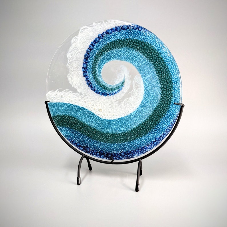 Fused Glass Art Panel Round Crashing Ocean Waves Rolling Breaking Wave Sea Blue Glass Beach Surf Theme Unique Birthday Gifts image 5