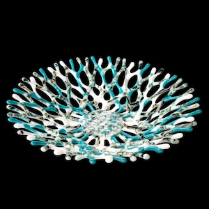 Fused Glass Art Sea Coral Bowl | Ocean Life | Beach Themed Table Decor Shelf Art in Aqua Turquoise Blue and Gray | Coastal Chic Gift Ideas