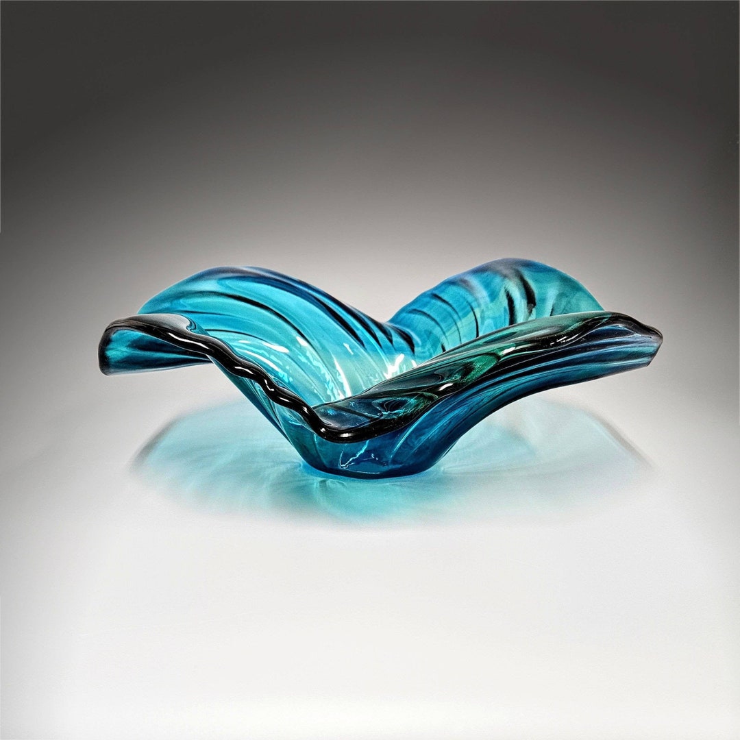 Oblong Wave Bowl in Aqua Teal Turquoise Modern Decorative Glass Art