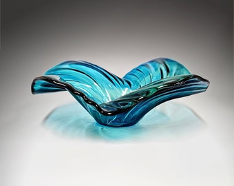 Oblong Wave Bowl in Aqua Teal Turquoise | Modern Decorative Glass Art Bowls | Handmade in Ohio | Unique Gift Ideas