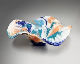 Glass Art Wave Bowl in Blue Green Orange and White | Decorative Coffee Table Décor | Unique Home Décor | One of a Kind Gift Ideas