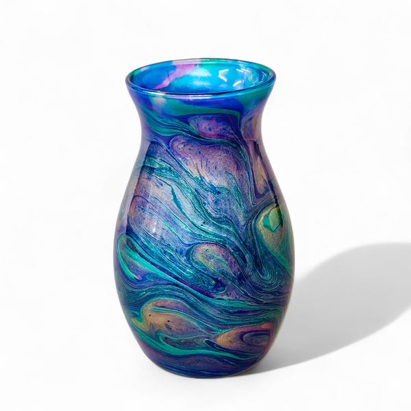 Peacock Feather Painted Glass Vase | Teal Cobalt Gold Fluid Art