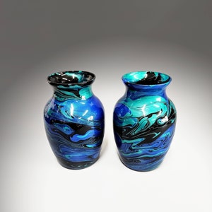 Glass Art Painted Vase in Teal Aqua Turquoise Blue Fluid Art Flower Vase Contemporary Home Décor Unique Acrylic Pour Gift Ideas image 3