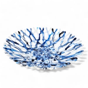 Fused Glass Art Coral Bowl | Ocean Life | Beach Themed Coffee Table Decor in Denim Blue and White | Birthday Gift Ideas | 10 Inch Diameter