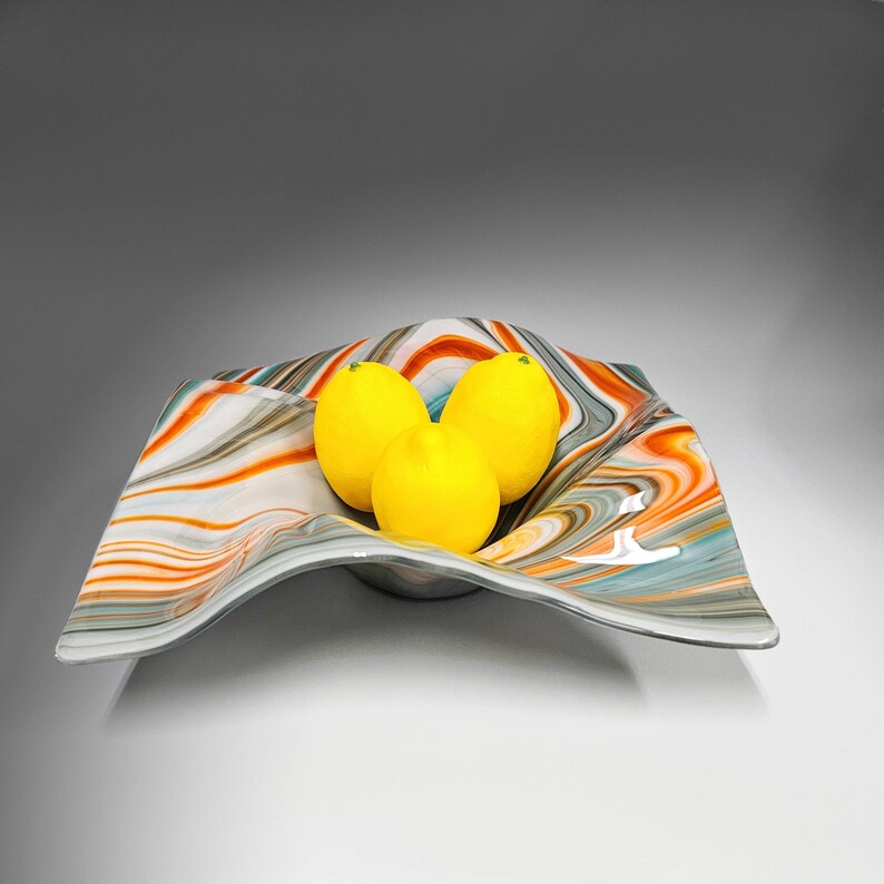 Glass Art Wave Bowl in Aqua Turquoise Orange Modern Square image 2
