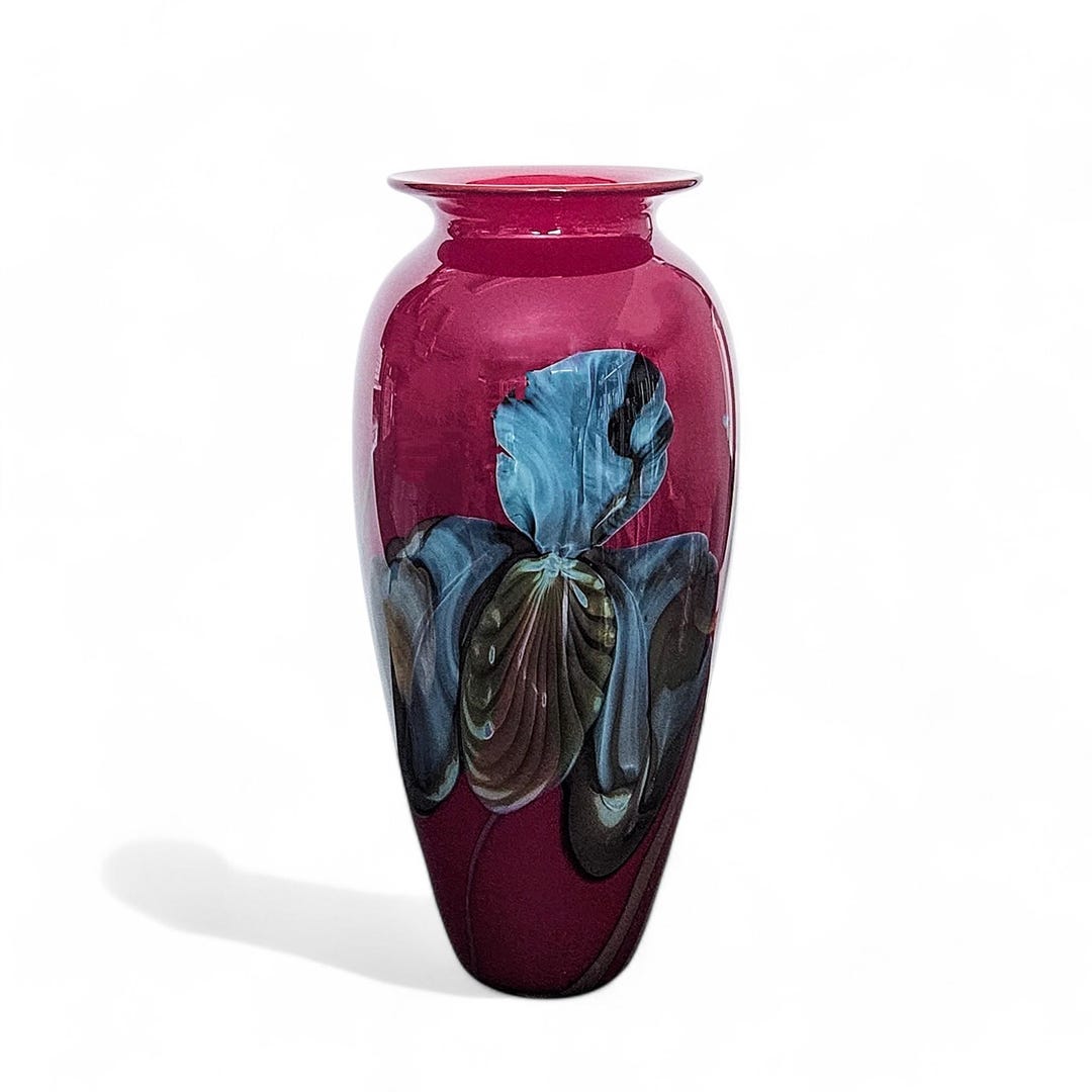 Richard Satava Blown Glass Art Vase Blue Iris on Deep Red | 11 Inches ...