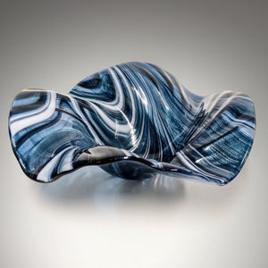 Glass Art Wave Bowl in Stormy Indigo Blue and White | Decorative Coffee Table Décor | Dark Blue Sparkles | Unique Home Décor Gift Ideas
