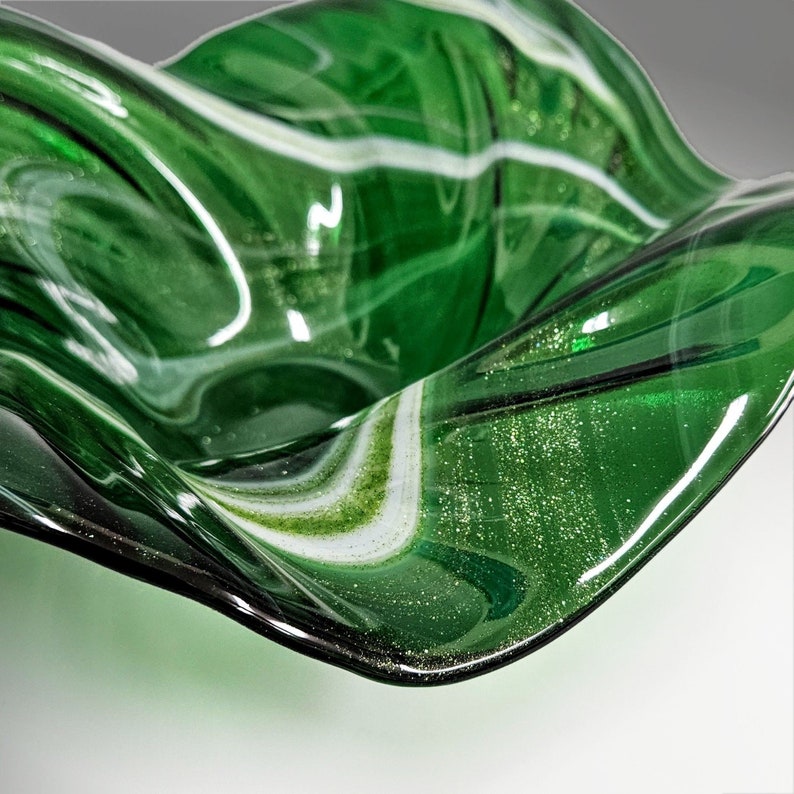 Glass Art Wave Bowl Kelly Green White and Aventurine Sparkles Decorative Coffee or Dining Table Centerpiece Christmas Green Gift Ideas image 3